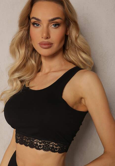 Czarny Top z Bawełny z Koronką na Dole Lussa