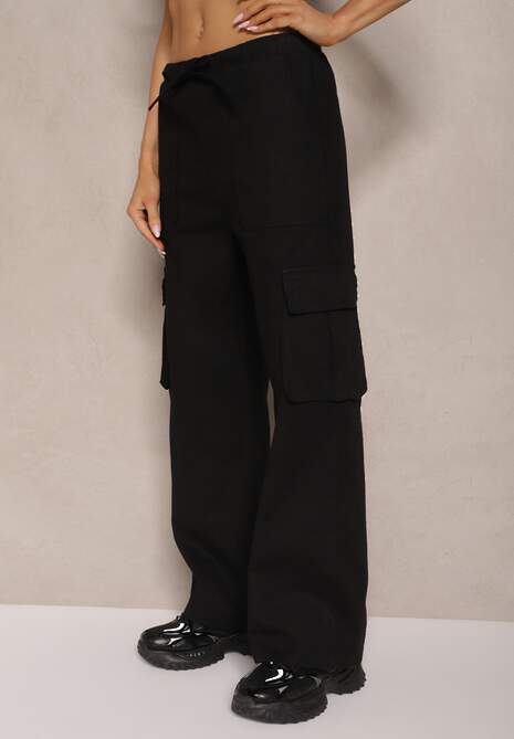 Czarne Spodnie z Bawełny o Szerokim Kroju Cargo High Waist Katienne