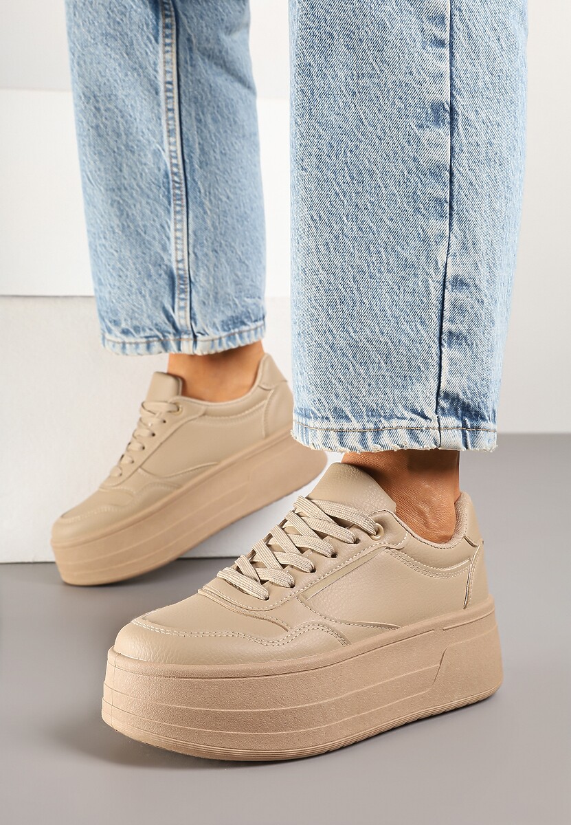 Ciemnobeżowe Sneakersy na Platformie Ozdobionej Tłoczeniem Vaiviera