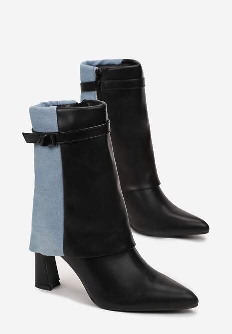 Czarne Botki na Słupku z Ekoskóry i Jeansu Acenda