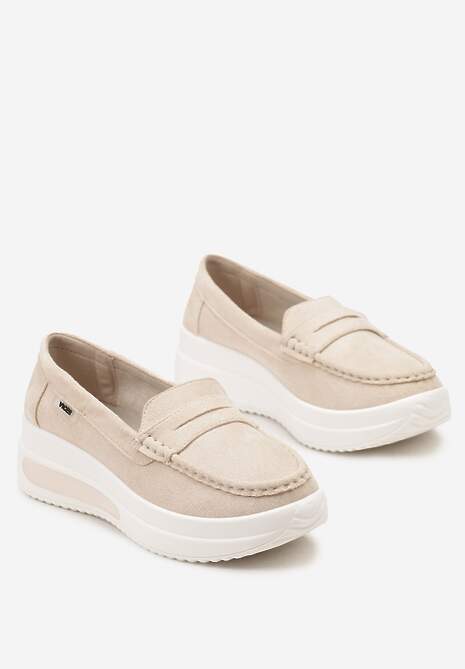 Beżowe Mokasyny z Ekozamszu na Platformie Ozdobione Paseczkiem Adrancia