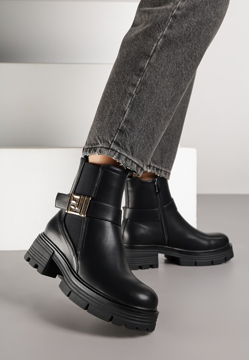 Czarne Botki Sztyblety Zdobione Metaliczną Aplikacją Cedorie