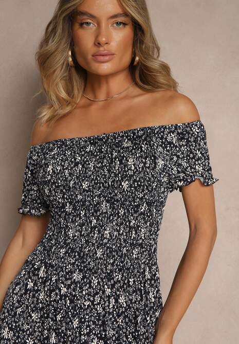 Granatowa Kwiatowa Sukienka z Bufiastymi Rękawami Lumorelle