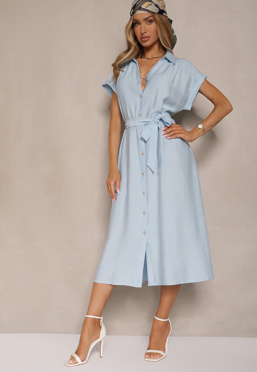 Niebieska Koszulowa Sukienka z Wiskozy Ozdobiona Paskiem Rinalitia