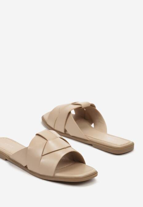 Beżowe Klapki na Płaskiej Podeszwie z Ozdobnymi Paskami i Kwadratowym Noskiem Lunivia