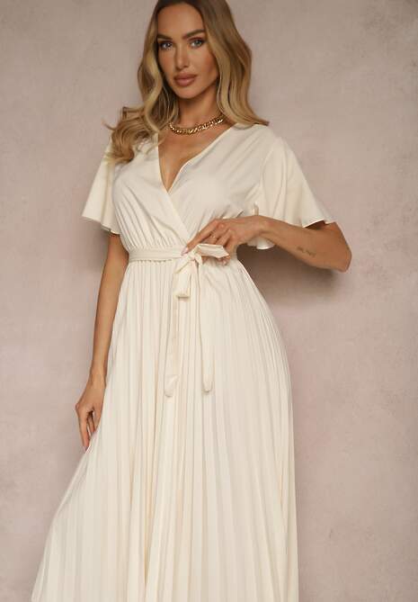 Jasnobeżowa Sukienka Wiązana w Talii z Plisowaniem na Dole Dorseki