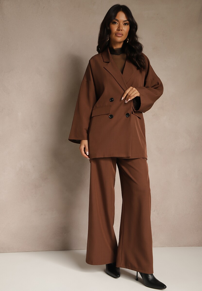 Brązowy Komplet Garniturowy Oversize Marynarka Dwurzędowa i Spodnie Wide Leg Tevilna