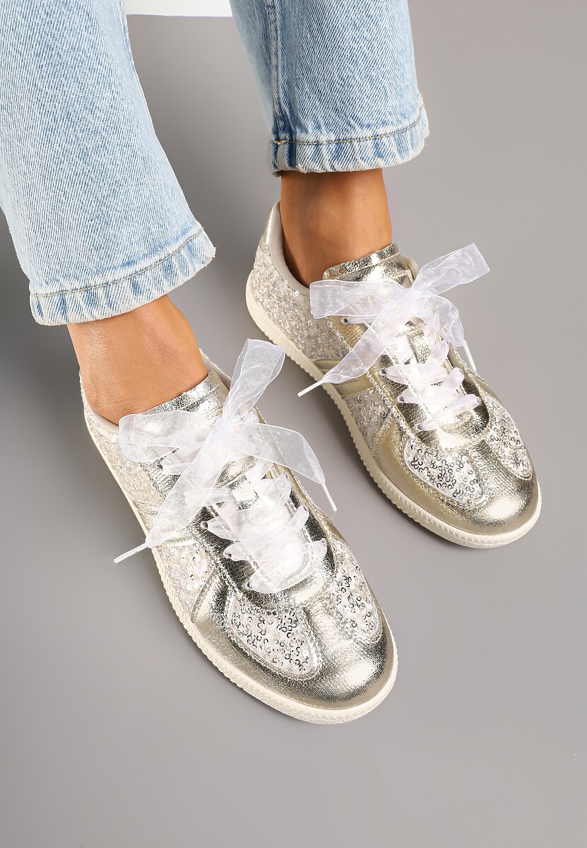 Złote Cekinowe Sneakersy z Wkładką ze Skóry Naturalnej Polwia