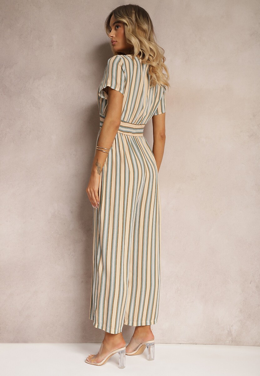 Beżowy Kombinezon z Wiskozy Wykończony Gumką w Talii i Guzikami przy Dekolcie Tinaviras