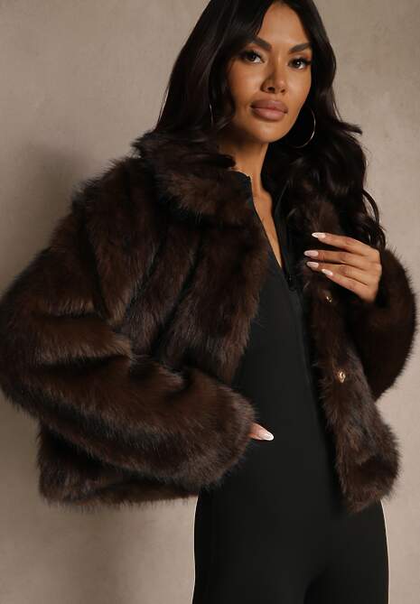 Brązowa Kurtka Futerko o Fasonie Cropped z Kołnierzem Abentia