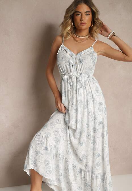 Niebieska Sukienka z Cienkimi Ramiączkami z Wiskozą i Lnem Sortta