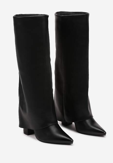 Czarne Kozaki na Słupku Ozdobione Wywiniętą Cholewką Heslia