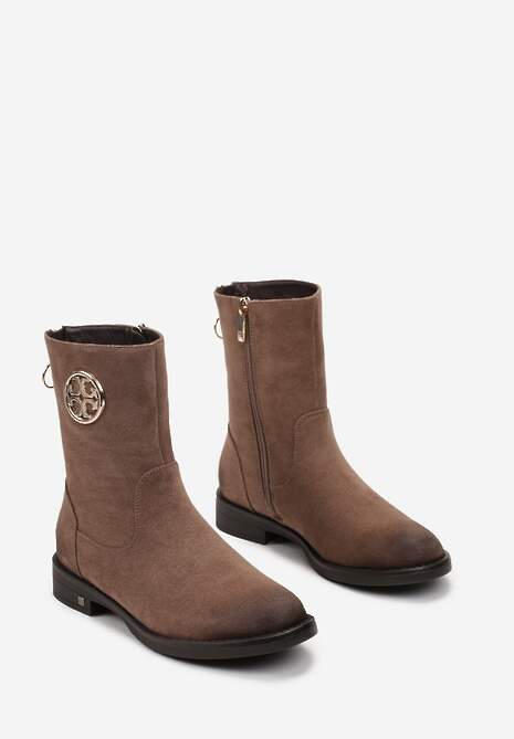 Beżowe Botki z Metalową Ozdobą i Suwakiem na Płaskiej Podeszwie Hemotte