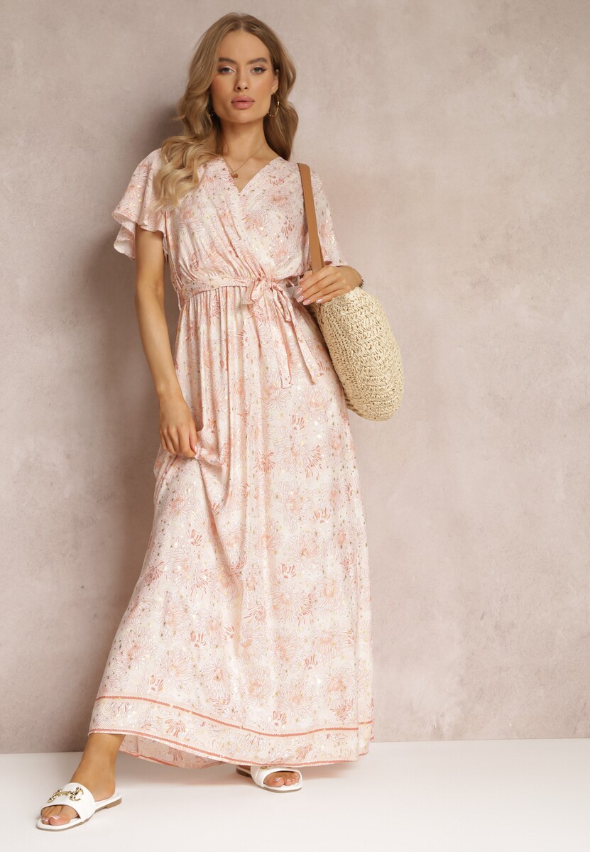 Jasnobeżowa Wiskozowa Sukienka z Metalicznym Wzorem i Gumką w Pasie Carinalia