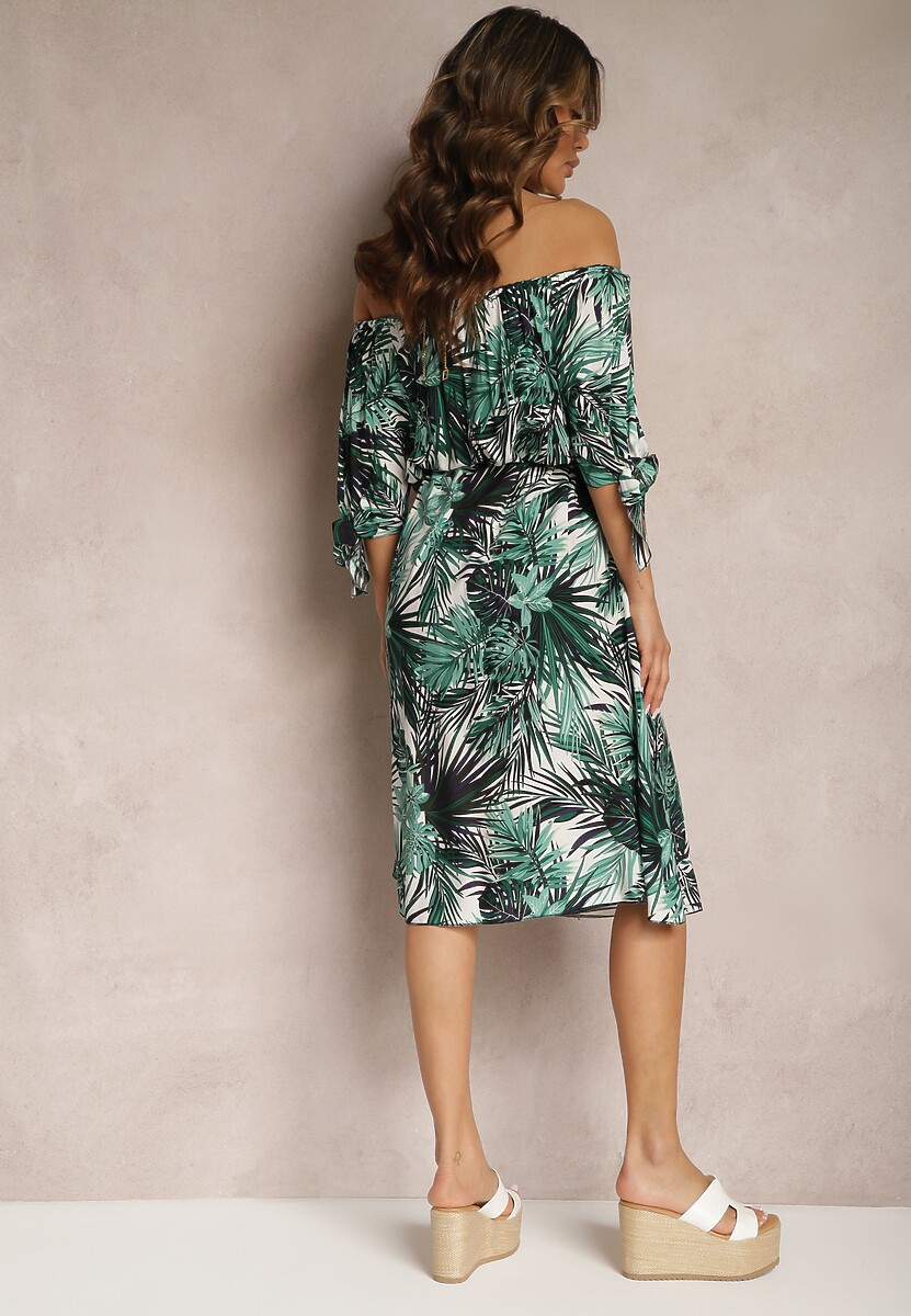 Biało-Zielona Sukienka Hiszpanka Bawełniana z Materiałowym Paskiem Wiązana przy Rękawach Daritia