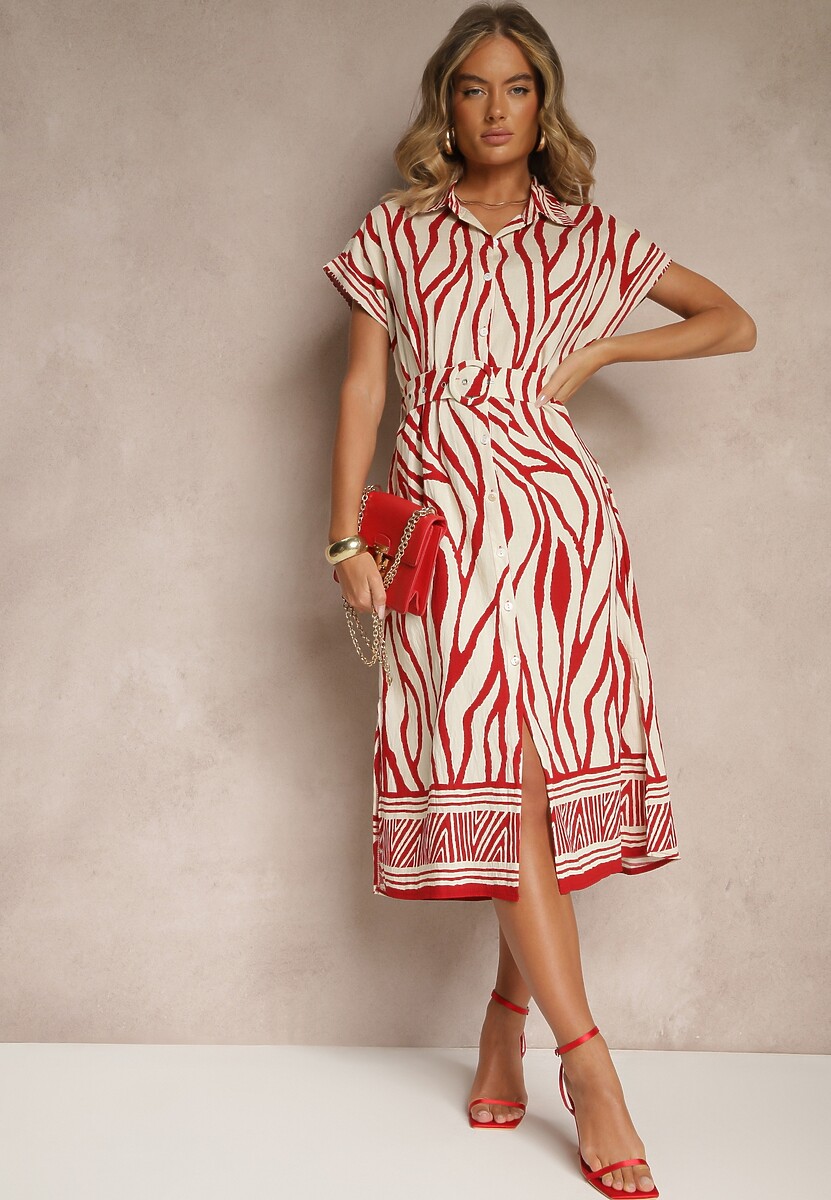 Czerwona Sukienka o Koszulowym Kroju z Wiskozą z Paskiem z Klamrą Gebbie