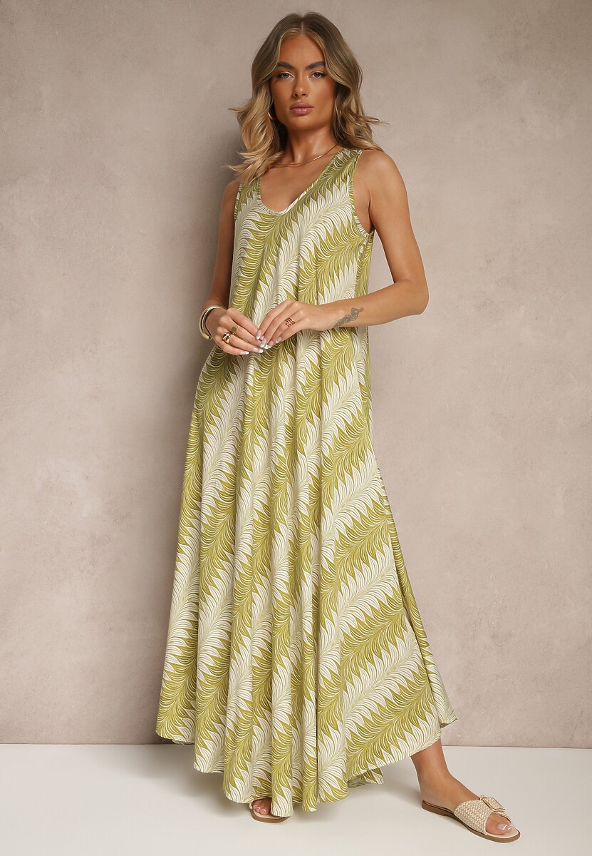 Zielona Rozkloszowana Sukienka z Geometrycznym Wzorem Lumire