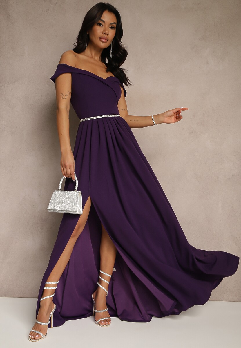 Fioletowa Elegancka Długa Sukienka Hiszpanka Wykończona Rozcięciem na Dole Idelia