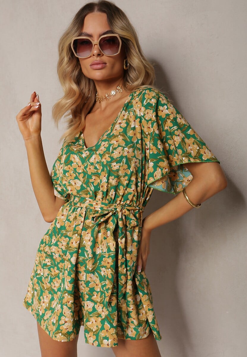 Zielono-Żółty Kombinezon w Kwiaty z Krótkim Rękawem z Gumką w Talii i Paskiem Biacelia