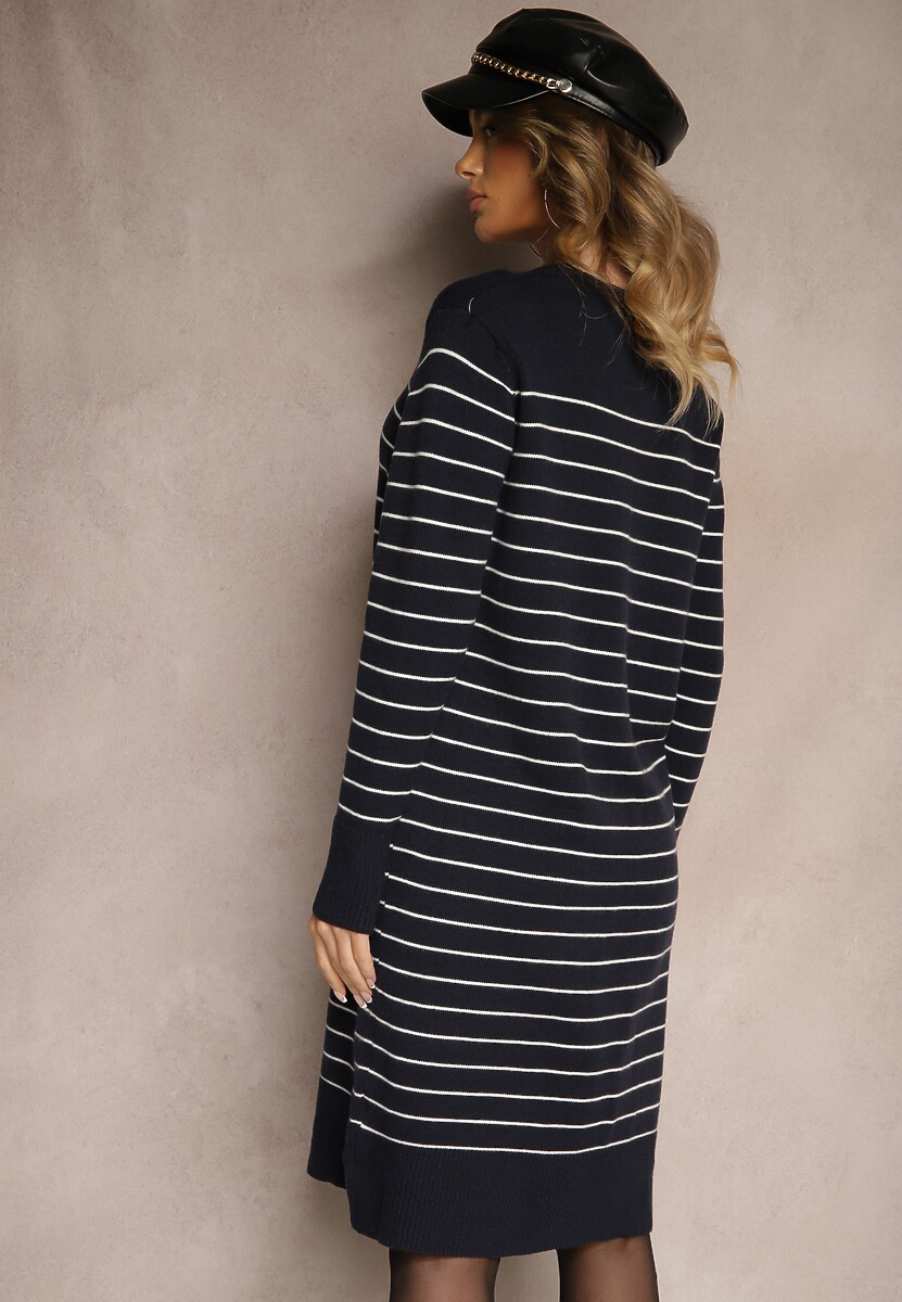 Granatowa Dzianinowa Sukienka z Wiskozą Zdobiona Wzorem w Paski i Ściągaczami Delwenna