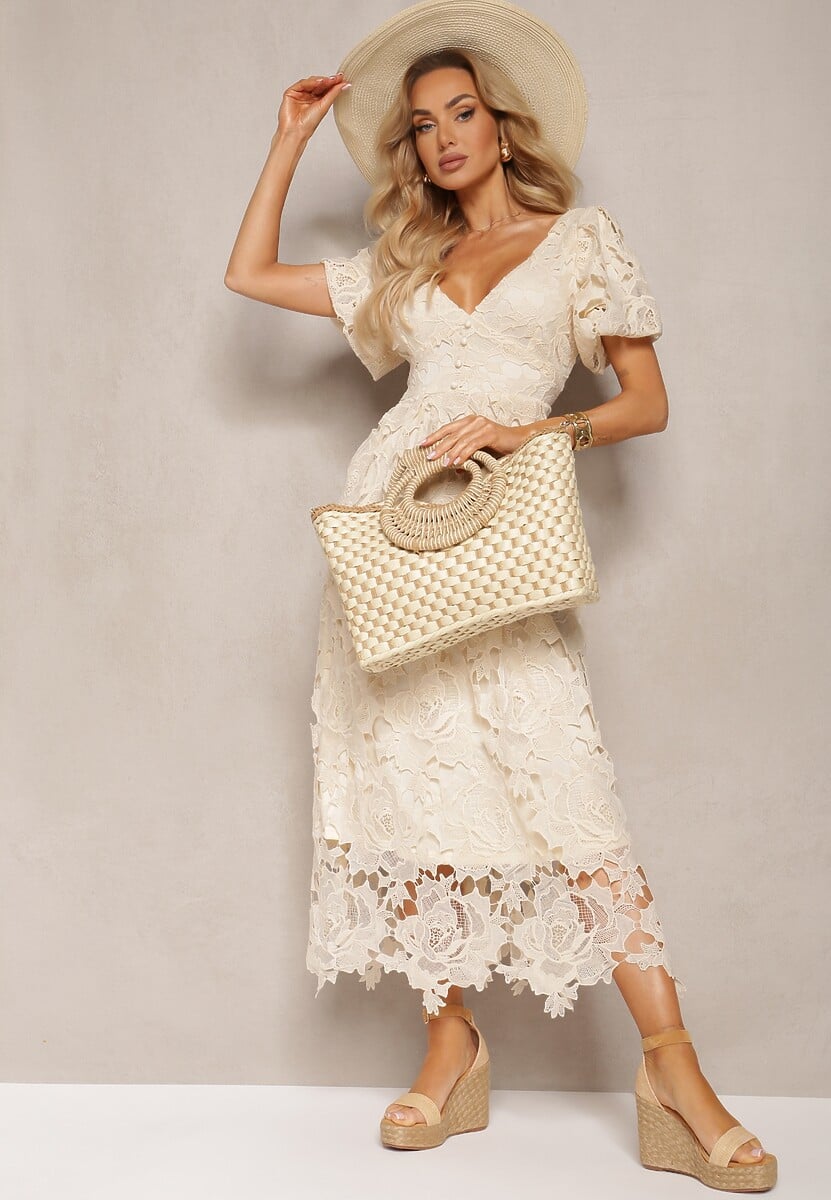 Jasnobeżowa Jednokomorowa Torebka na Ramię z Plecionki z Dodatkowym Paskiem Wezen