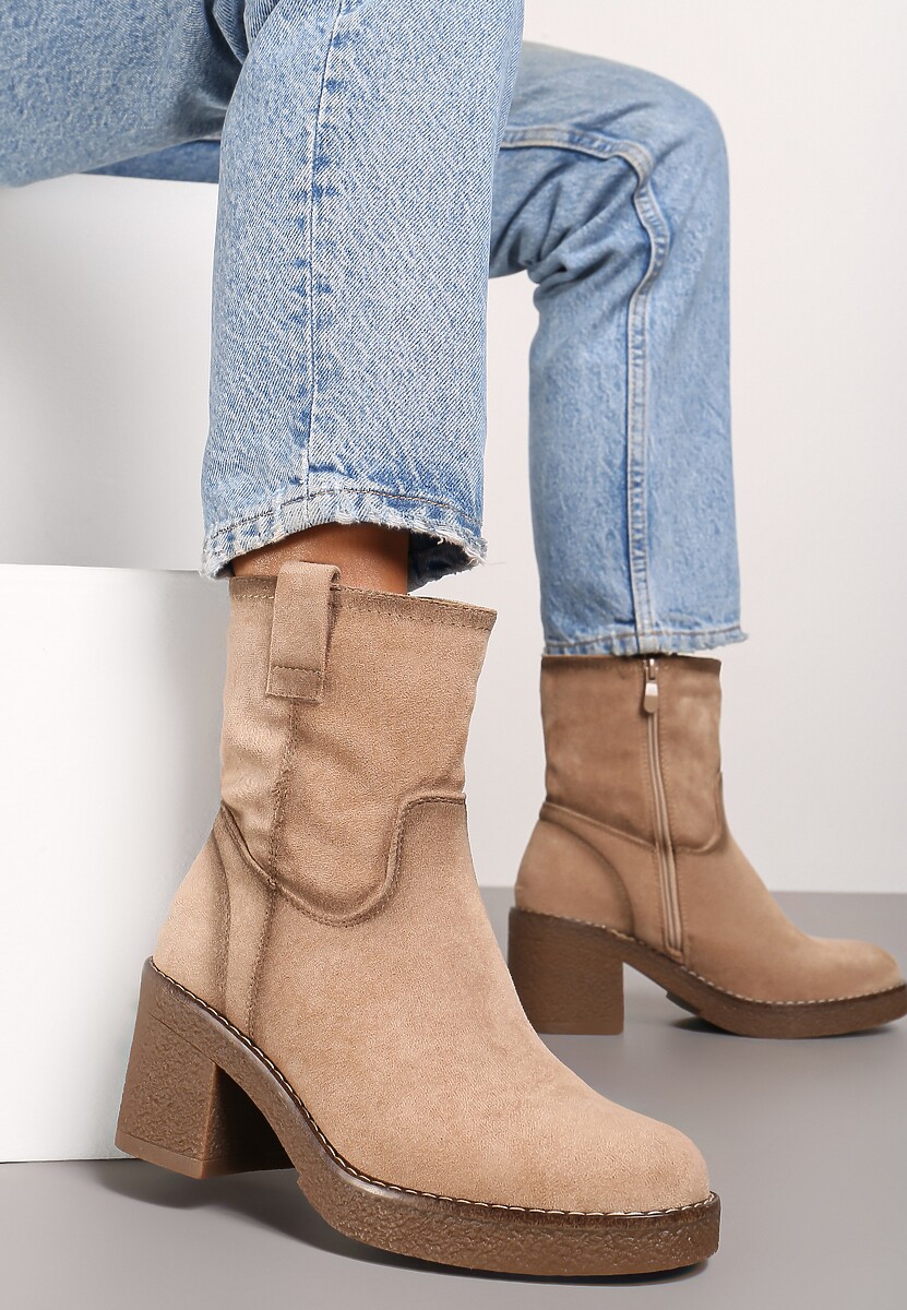 Beżowe Ocieplane Botki na Słupku Ozdobione Paskiem Asintila