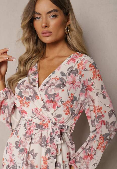 Beżowa Sukienka Maxi z Kopertowym Dekoltem i Gumką z Wiązaniem w Talii Alret