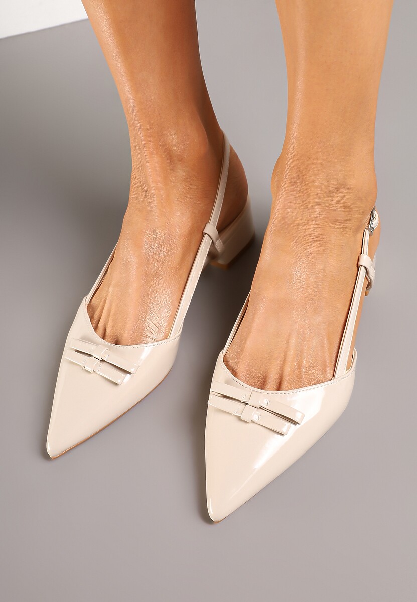 Beżowe Sandały na Niskim Obcasie ze Szpiczastym Noskiem Zdobionym Kokardą Virlexia