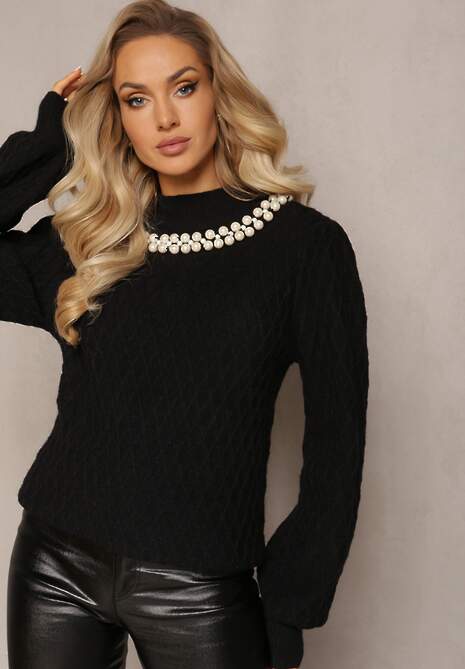 Czarny Sweterkowy Golf w Romby z Bufiastymi Rękawami i Perełkowym Naszyjnikiem Ravalia