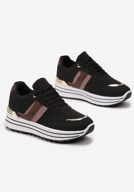 Czarne Sneakersy z Dekoracyjnymi Wstawkami na Platformie w Paski Letorra