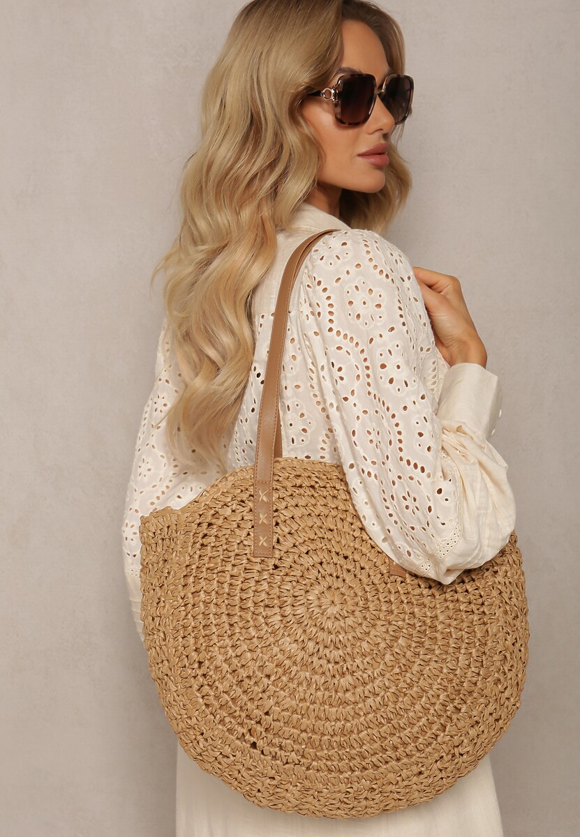 Ciemnobeżowa Okrągła Pleciona Torebka z Rączkami Zapinana na Zamek Błyskawiczny Brunia