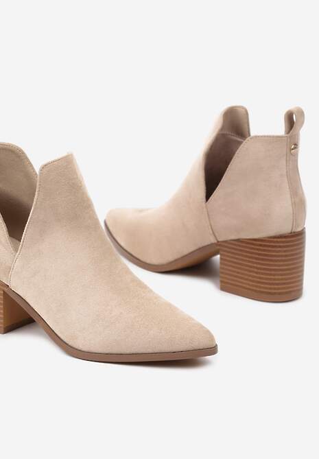Ciemnobeżowe Botki na Słupku Vices Ozdobione Wycięciem Annavin