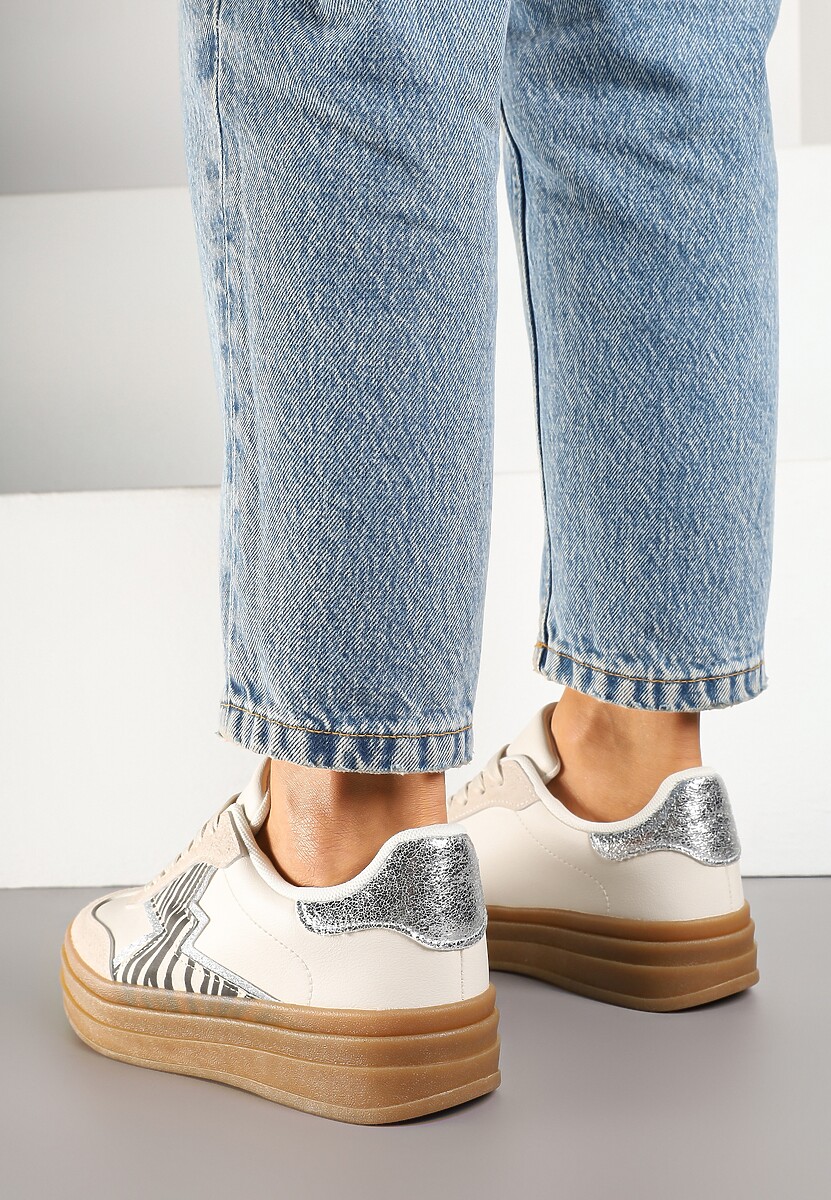 Beżowe Sneakersy w Stylu Tenisówek z Brokatowymi Wstawkami i Printem w Zeberkę Salliotta