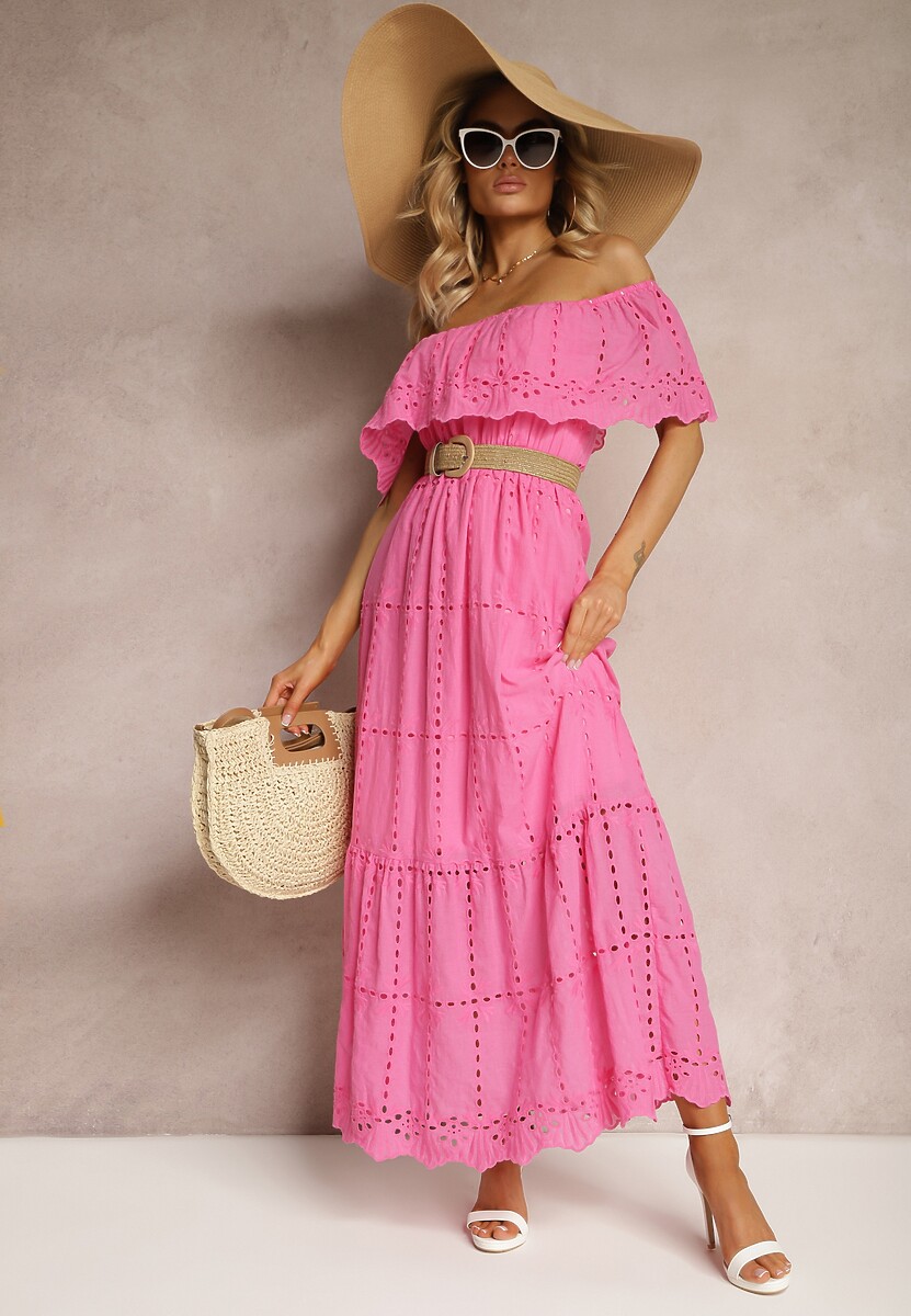 Biała Rozkloszowana Sukienka z Falbankami Typu Hiszpanka Vianelle