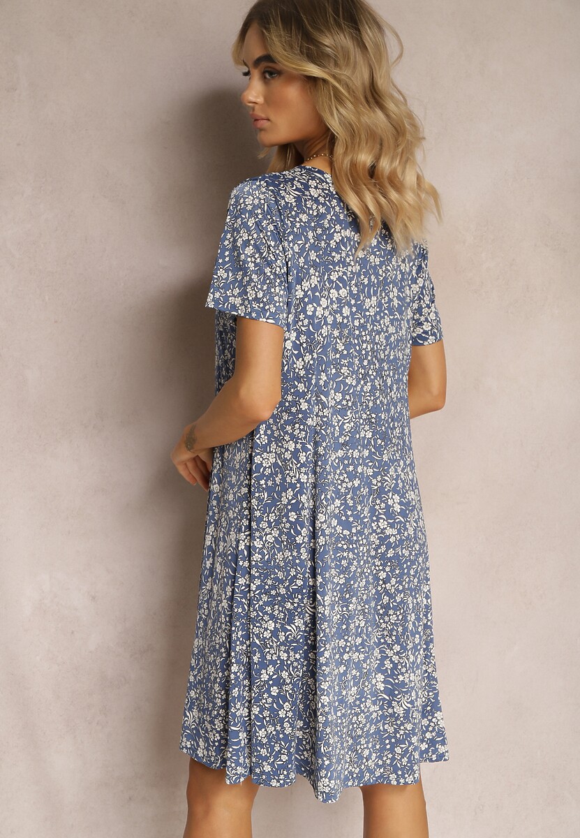 Niebieska Krótka Sukienka Letnia z Wiskozy w Kwiaty Kidda