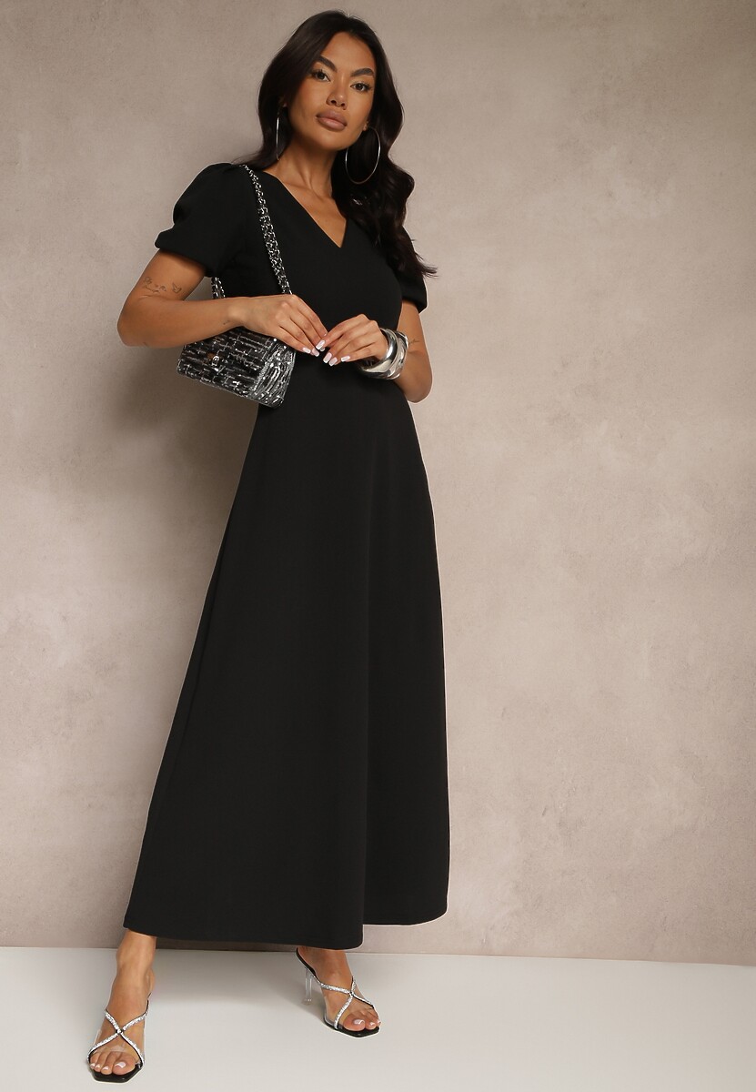 Czarna Rozkloszowana Sukienka z Lekko Bufiastymi Rękawami i Dekoltem V Efrusae