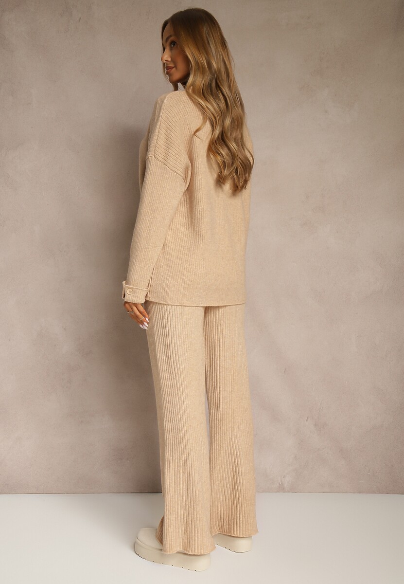 Beżowy Komplet z Wełną i Bawełną Sweter z Guzikami i Szerokie Spodnie Reinelia