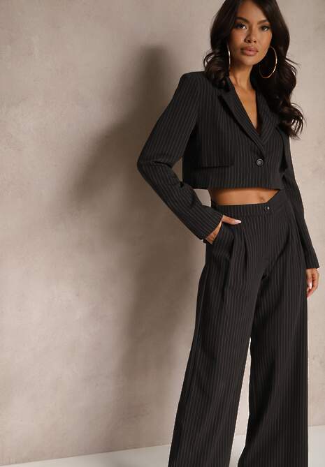 Czarny Komplet Garniturowy Marynarka Cropped i Szerokie Spodnie Mairilee