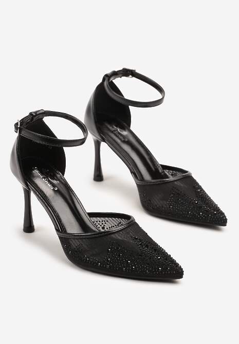Czarne Sandały Szpilki z Siateczkowym Noskiem w Szpic Zdobionym Cyrkoniami Alirenda