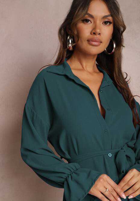 Ciemnozielona Koszulowa Sukienka Mini z Falbanką i Wiązanym Paskiem Blisotta