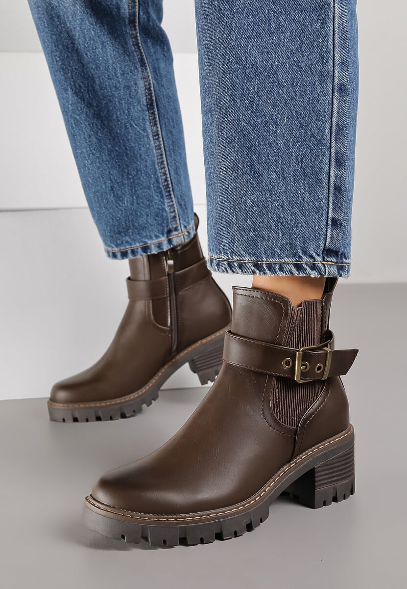 Czarne Botki w Stylu Sztybletów na Niskim Obcasie z Paskiem ze Sprzączką Lathorie