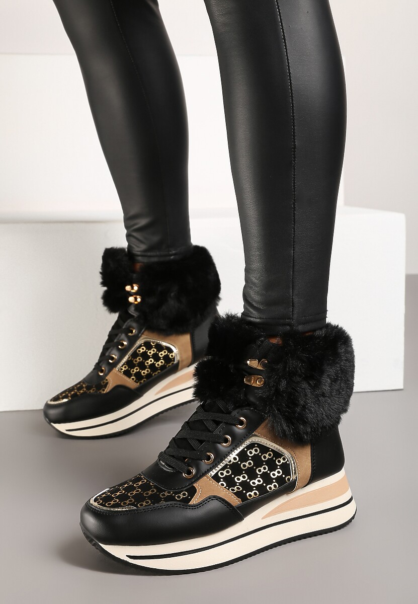 Czarne Sneakersy na Platformie z Metalicznymi Wstawkami i Futerkiem Miavora