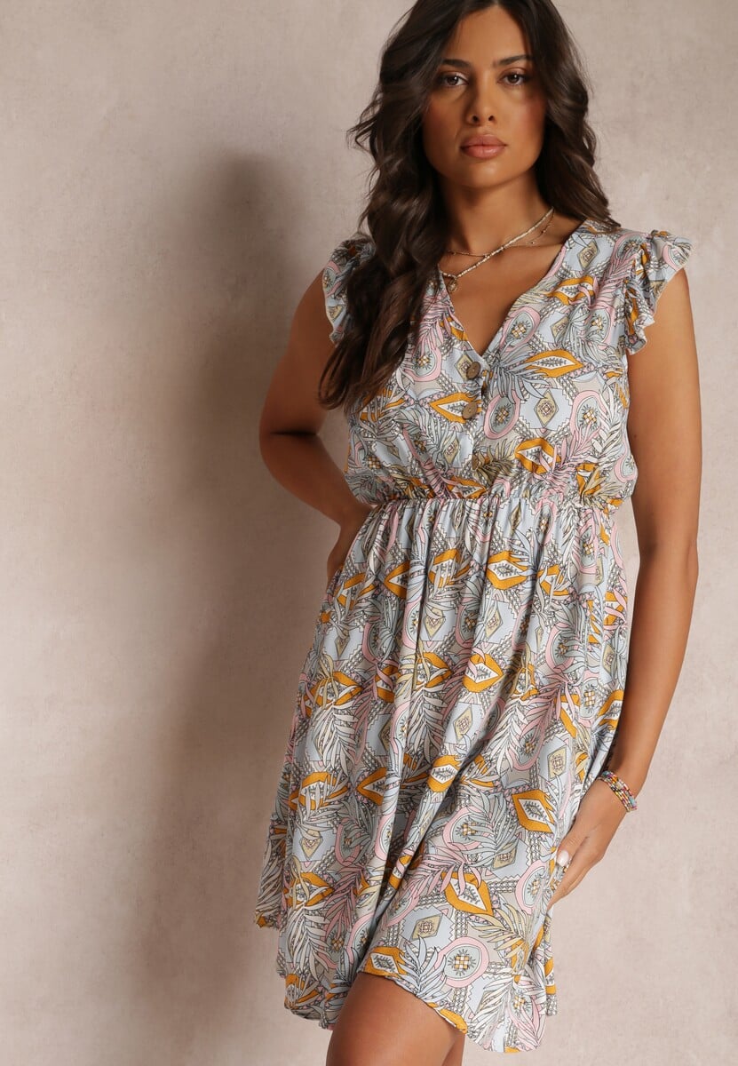 Zielono-Beżowa Rozkloszowana Sukienka Mini z Falbankami i Gumką w Pasie z Wiskozy Jehan