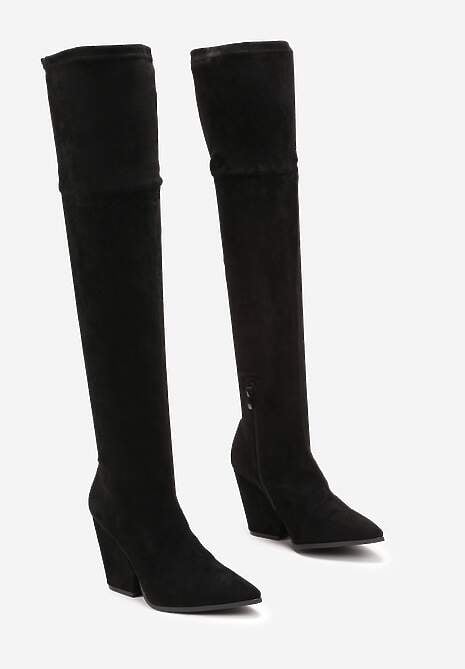 Czarne Kozaki na Stożku za Kolano ze Szpiczastym Noskiem Nudra