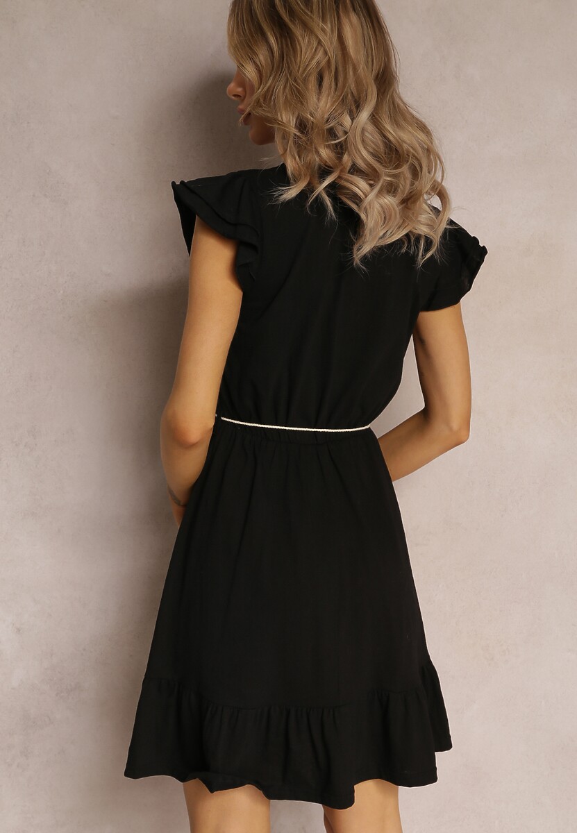 Czarna Sukienka o Rozkloszowanym Fasonie z Bawełny Ozdobiona Falbankami Kadan