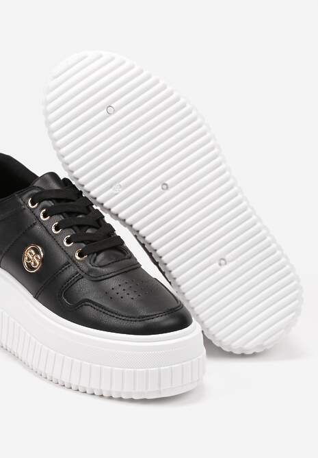 Czarne Sneakersy na Tłoczonej Platformie z Metaliczną Wstawką z Boku Mevel