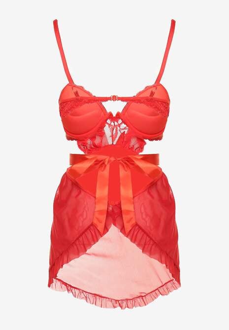 Czerwona Siateczkowa Koszula Nocna z Biustonoszem Push Up i Stringami Ariaqua