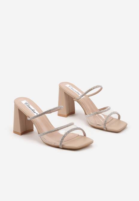 Beżowe Klapki Ozdobione  Kwadratowym Noskiem i Cyrkoniowymi Paskami Anrurta