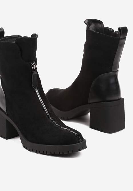 Czarne Botki na Słupku z Ozdobnym Suwakiem i Lekkim Ociepleniem Rexitha