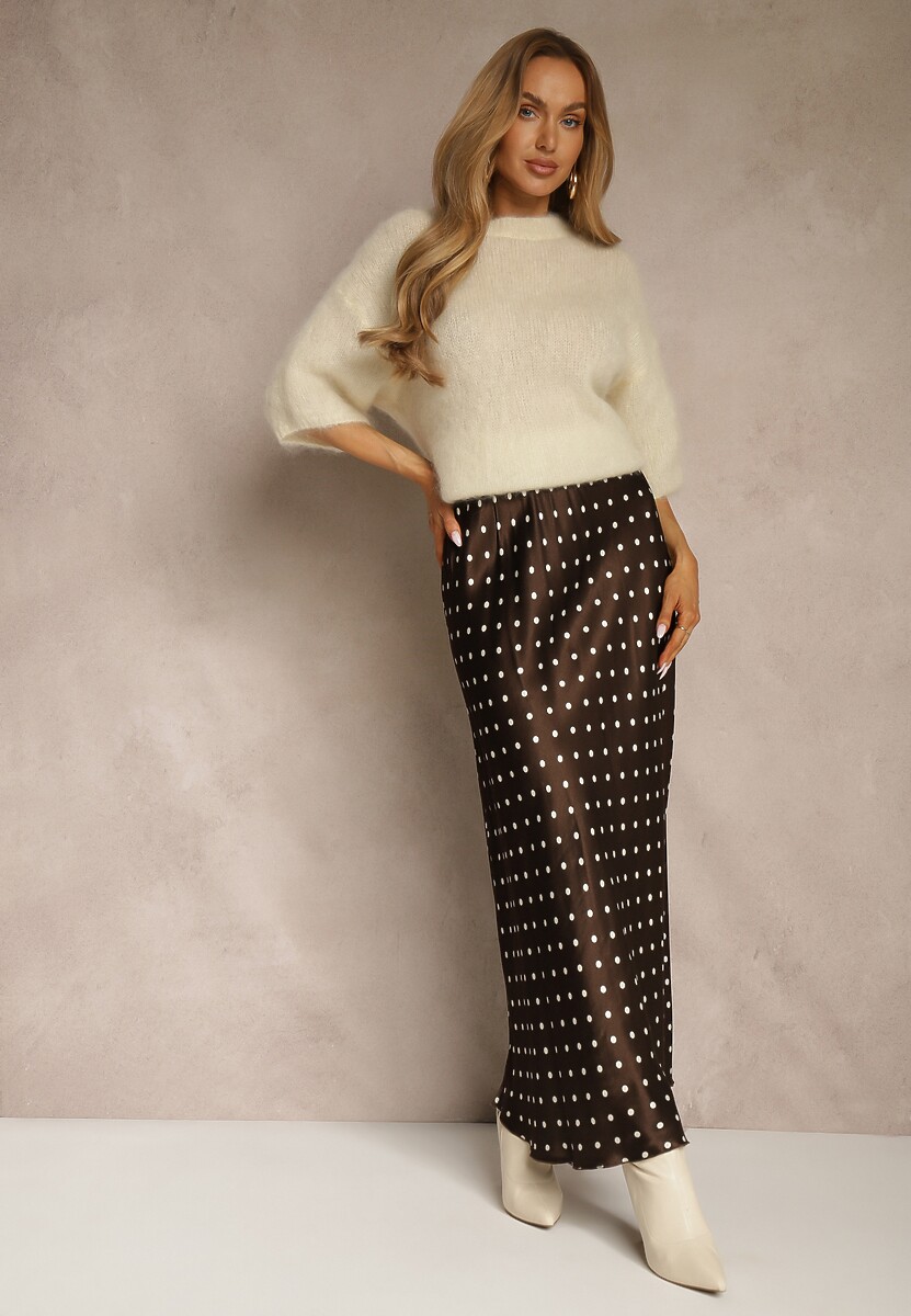 Brązowa Satynowa Spódnica z Wiskozy w Groszki o Rozkloszowanym Kroju Fediska